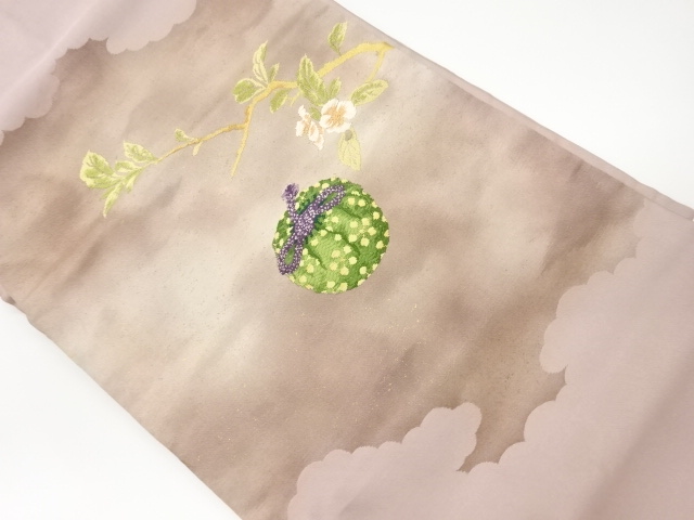 リサイクル　枝花に巾着模様織出し名古屋帯